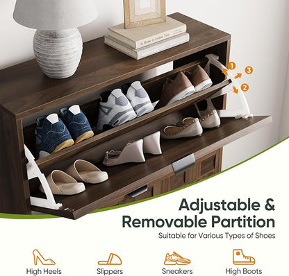 29.5“W Shoe Cabinet with 2 Embossed Checkerboard Pattern Flip Drawers, Freestanding Shoe Storage Cabinet with Solid Wooden Legs, Hidden Shoe Organizer for Entryway, Hallway, Walnut
