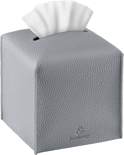 Tissue Box Cover, Jeethemy Square PU Leather Tissue Box Holder, Modern Tissue Case Facial Paper Organizer Dispenser，5X5X5'',Single Grey