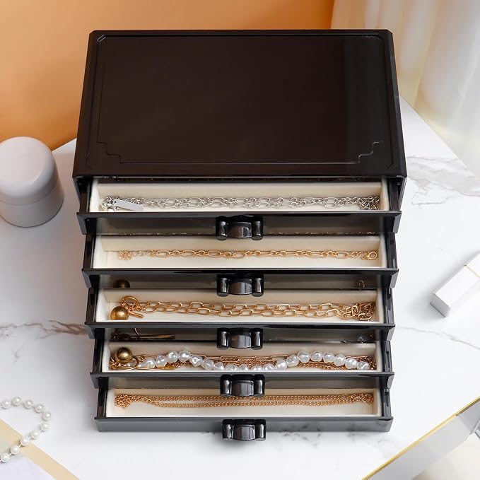 YUFONG Necklace Holder Organizer, Dustproof Necklace Box Velvet Necklace Organizer Box with Lid Clear Acrylic Dustproof Stackable Jewelry Displays for Necklaces Chain Display (Black Beige, 5 Drawer)