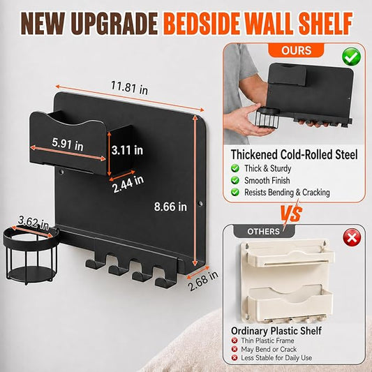 Metal Bedside Wall Shelf, Bedside Floating Shelf Wall Organizer with Detachable Cup Holder, No Drill Wall Mount for Bedroom, Dorm Room Decor, Nightstand Alternative, Bunk Bed Accessories, RV Storage