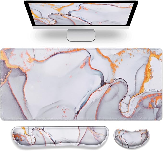Gimars 4 in 1 Mouse Pad and Keyboard Wrist Rest Set, Large Mouse Pad with Memory Foam Wrist Support Pad for Desk with Coaster, Easy Typing Pain Relief, Gaming Office Home, 31.5x12 inch, Cloud Golden