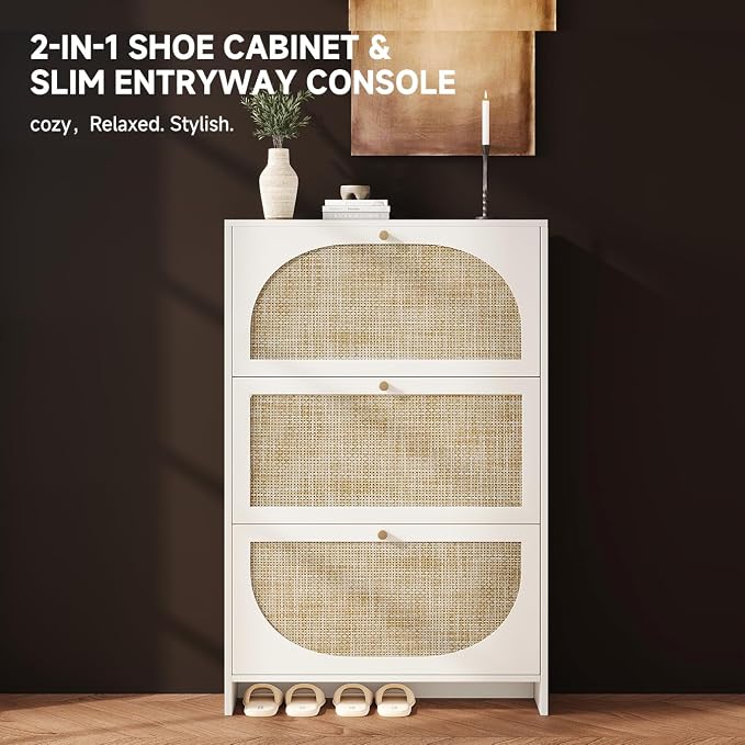 Nicetree Shoe Cabinet Storage for Entryway Slim 9.5" Freestanding Floor Base Shoe Storage Cabinet, 3 Flip Drawers with 3-Position Adjustable Divider, Holds 16-36Pairs, Bright White