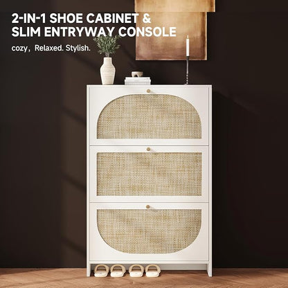 Nicetree Shoe Cabinet Storage for Entryway Slim 9.5" Freestanding Floor Base Shoe Storage Cabinet, 3 Flip Drawers with 3-Position Adjustable Divider, Holds 16-36Pairs, Bright White