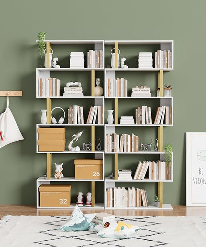 Gadroad 6-Tier Geometric Bookcase,S Shaped Bookshelf, Wood Decorative Storage Shelving, Modern Freestanding Display Shelves, Tall Book Shelf Unit for Living Room Bedroom