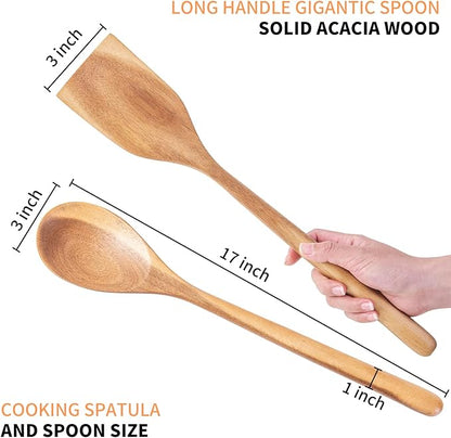 2PCS Long Handle Gigantic Spatula Spoon Premium Acacia Wooden Spoons For Cooking 17''Large Soliod Wooden Cooking Spoons Smooth Finish in Large Style Cooking Kitchen Utensil Set