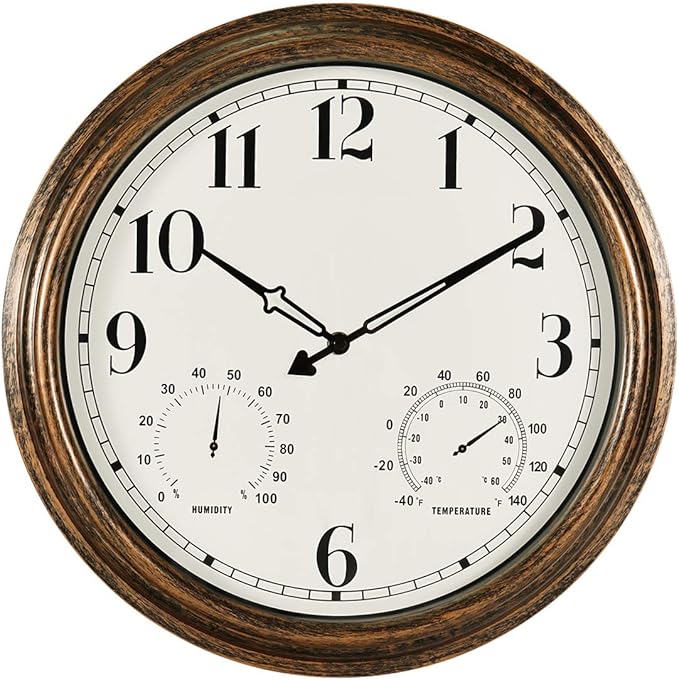 Rsobl 16 Inch Large Indoor Outdoor Wall Clock,Waterproof Non-Ticking Clock with Thermometer and Hygrometer Combo,Battery Operated Clock Wall Decorative-Bronze