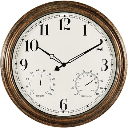 Rsobl 16 Inch Large Indoor Outdoor Wall Clock,Waterproof Non-Ticking Clock with Thermometer and Hygrometer Combo,Battery Operated Clock Wall Decorative-Bronze