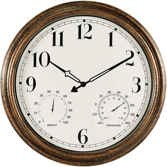 Rsobl 16 Inch Large Indoor Outdoor Wall Clock,Waterproof Non-Ticking Clock with Thermometer and Hygrometer Combo,Battery Operated Clock Wall Decorative-Bronze