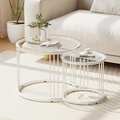 Garden 4 you Nesting Coffee Table, 23.6" Round Coffee Table Set of 2, Glass Nesting Table with Metal Frame, Ceter Tables for Living Room Bedroom Balcony, White