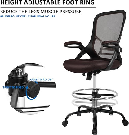 HYLONE Drafting Chair, Tall Office Chair Standing Desk Chair Brown Mesh High-Back Drafting Stool with Flip-Up Arms, Adjustable Foot Ring, Brown