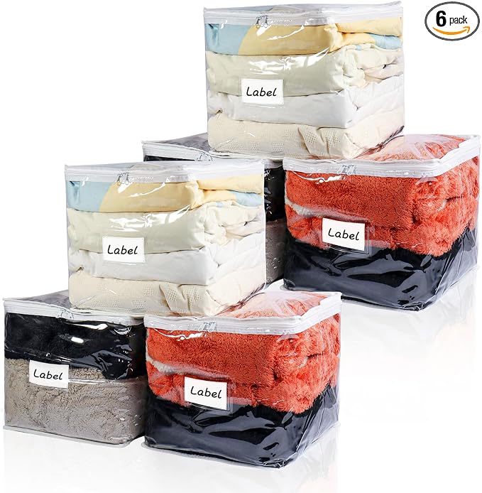 Clear Zippered Storage Bags Plastic Sweater Storage Bags with Zipper 6 Packs Clothing Organizer for Blankets Linen Sweater Bed Sheet Quilt Clothes Pillow (12 x 12 x 12 Inch, White)
