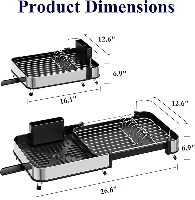 Kitsure Dish Drying Rack - Expandable Stainless Steel Dish Racks for Kitchen Counter, Auto-Drain Drying Rack for Kitchen with Cutlery Holder & Non-Slip Feet, 16.1-26.6" L x 12.6" W, Black