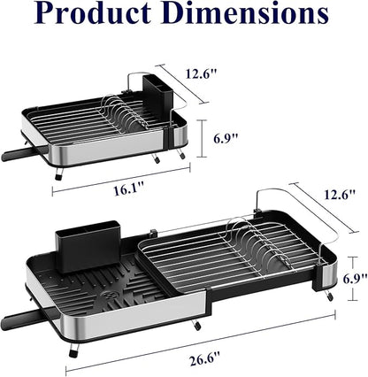Kitsure Dish Drying Rack - Expandable Stainless Steel Dish Racks for Kitchen Counter, Auto-Drain Drying Rack for Kitchen with Cutlery Holder & Non-Slip Feet, 16.1-26.6" L x 12.6" W, Black