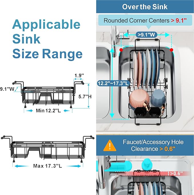 iSPECLE Small Sink Dish Drying Rack, Expandable Compact Rust Resistant Dish Drainer for RV Apartment Kitchen, Dish Rack with Tightening Knob, Arms with Non Slip Rubber, 9.1" W x 12.2"-17.3" L, Black
