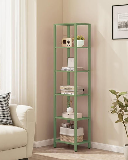 TUTOTAK Bookshelf, 6-Tier Tall Book Shelf, Narrow Bookcase for Small Space, DIY Stackable Bookshelf, for Living Room, Office, Study, Entryway, Industrial, Olive Green BS01BOG006