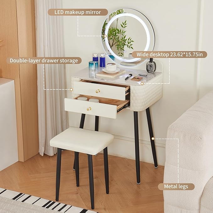 Makeup Vanity with Round Mirror,Light,Two Drawers,Cushioned Stool Set.Small Dressing Table for bedrooms and Dressing Rooms.White
