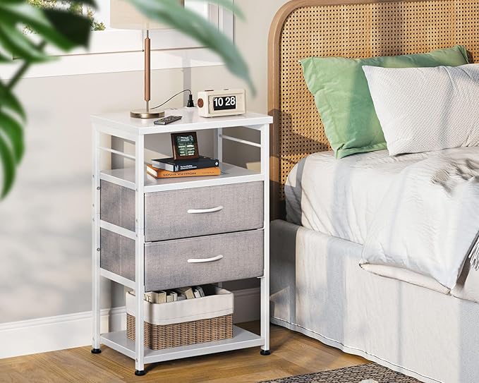 AODK Night Stand with Charging Station and LED Lights, 27.6 Inch Bed Side Table with 2 Drawers and Open Shelf, Bedside Table for Bedroom, Living Room, White & Light Grey