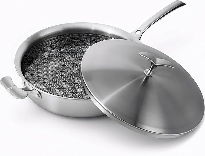 12 Inch Frying Pan Non Stick with Lid, Tri-ply Stainless Steel Saute Pan 5.2QT with Stainless Steel Lid, Fast and Even Heating Stay Cool Handles Induction Dishwasher & Oven Safe PFOA Free Cookware