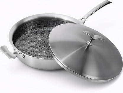12 Inch Frying Pan Non Stick with Lid, Tri-ply Stainless Steel Saute Pan 5.2QT with Stainless Steel Lid, Fast and Even Heating Stay Cool Handles Induction Dishwasher & Oven Safe PFOA Free Cookware