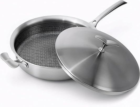 12 Inch Frying Pan Non Stick with Lid, Tri-ply Stainless Steel Saute Pan 5.2QT with Stainless Steel Lid, Fast and Even Heating Stay Cool Handles Induction Dishwasher & Oven Safe PFOA Free Cookware