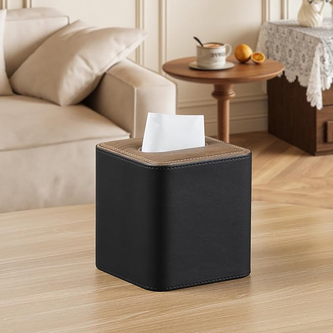 Cretkhp Tissue Box Cover Square, Modern PU Leather Tissue Holder with Magnetic Closure for Bathroom NightStands, Decorative Square Tissue Box Holder (Black)