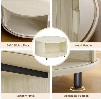 ONBRILL Round Coffee Table with Storage, 31.5" Modern Coffee Table with 360° Curved Sliding Door, Fluted Wood Coffee Table with Adjustable Footpads, Round Center Table for Living Room, Natural White
