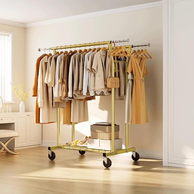 HYSEYY Heavy Duty Clothes Rack, Rolling Clothing Rack for Hanging Clothes with Shelves Load 700LBS,Portable Garment Wardrobe Closet Rack with Wheels for Bedroom,Laundry Room,Retail Store(Gold)