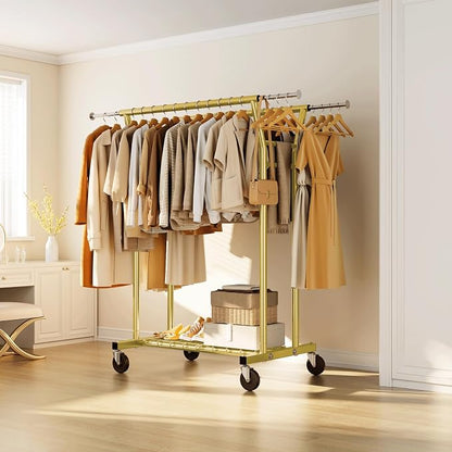 HYSEYY Heavy Duty Clothes Rack, Rolling Clothing Rack for Hanging Clothes with Shelves Load 700LBS,Portable Garment Wardrobe Closet Rack with Wheels for Bedroom,Laundry Room,Retail Store(Gold)