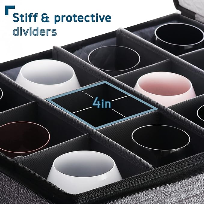 Hearth & Harbor Wine Glass Storage Box with Dividers, Quilted and Stackable Stemware Storage Cases, Service of 12 Glass China Container Hard Shell for Moving and Organization, Grey