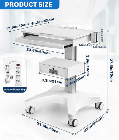 White Medical Trolley Cart with Laptop Tray & Oral Scanner Holder 220LBS, Mobile Workstation with Wheels & Drawer for Hospital Dental Clinics Beauty Salons Lab