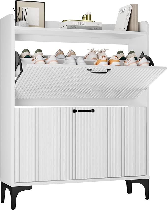 HIFYOBRO Fluted Shoe Cabinet with 2 Flip Drawers, Hidden Shoes Storage Cabinet, Modern Shoe Rack Organizer, Freestanding Narrow Shoes Organizer for Hallway, Entryway (White)