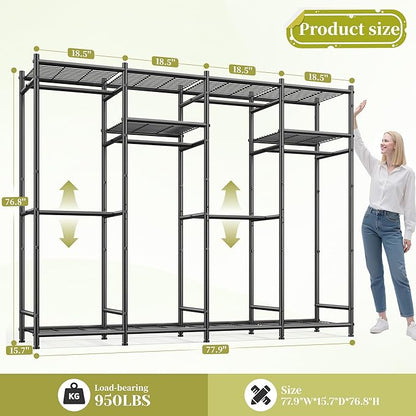 Raybee Portable Closet,Clothes Rack with 6 Hang Rods & 10 Shelves,Clothing Racks for Hanging Clothes,Metal Garment Rack for Bedroom,Large Capacity,Adjustable,Stury 77.9" W x 15.7" D x 76.8" H Black