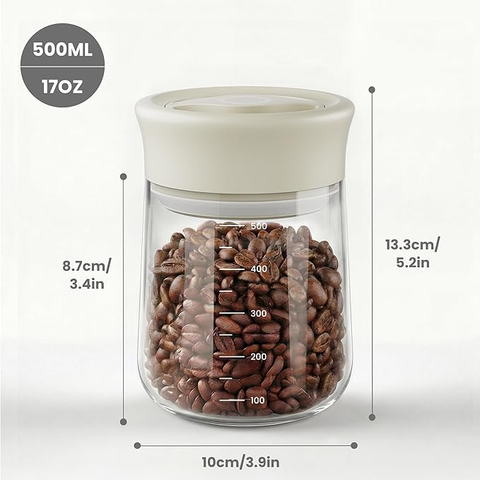 LAKUMIQI Overnight Oats Containers with Lids, 17oz Glass Jars with Airtight Lids, One-Hand 90° Twist-Off Wide Mouth Food Storage for Coffee Bean, Chia Pudding, Meal Prep, Pantry, Beige