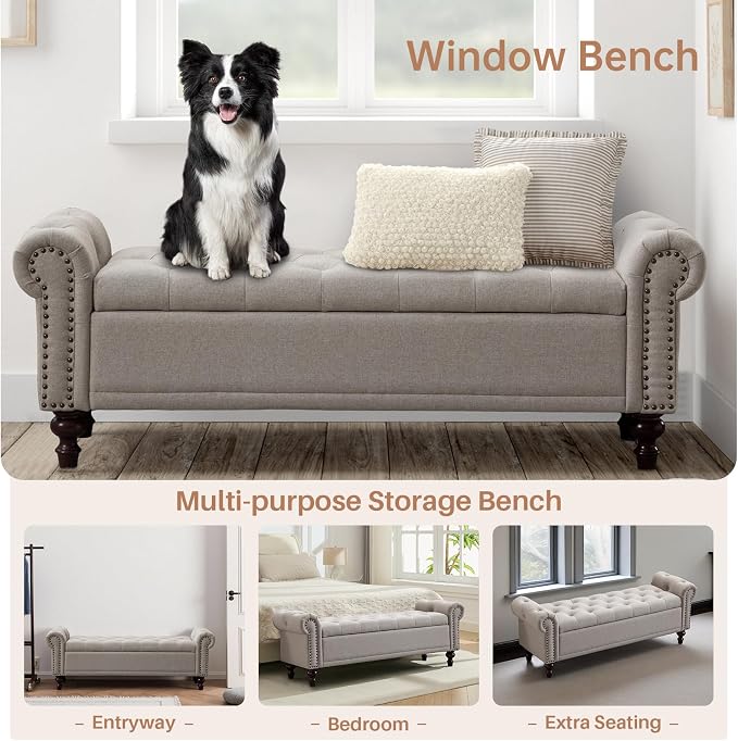 58'' Upholstered Storage Bench for Bedroom, Linen End of Bed Storage Ottoman Benches Large, Button Tufted Ottomans with Storage for Living Room/Entry Way/Closet, Light Brown
