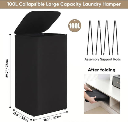 DOKEHOM 100L Laundry Hamper with Lid, Large Collapsible Laundry Basket with Removable Mesh Liner Bag, Collapsible Clothes Sorter for Bedroom, Bathroom, College Dorm, Black