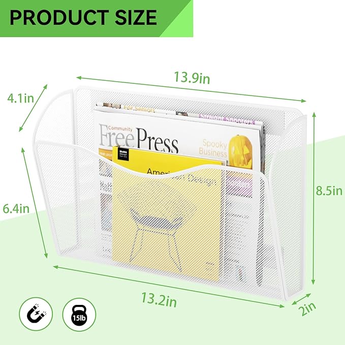 Magnetic File Holder - Heavy Duty Wall File Organizer for Refrigerator & Whiteboard - Strong Magnet Mail Holder & Magazine Rack, No Drilling Document Storage Basket for Office Cabinet