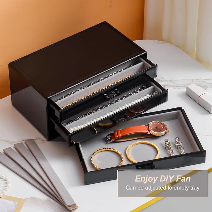 YUFONG Necklace Holder Organizer, Dustproof Necklace Box Velvet Necklace Organizer Box with Lid Clear Acrylic Dustproof Stackable Jewelry Displays for Necklaces Chain Display (Black Gray, 3 Drawer)