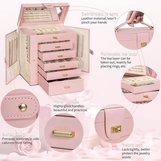 AKOZLIN 6-Tier Jewelry Box Organizer Functional 5 Drawers Leather Jewelry Storage Case for Women Girls Ring Necklace Earring Bracelet Holder Organizer with Mirror Light Pink Large