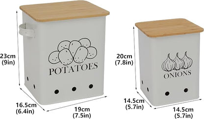 Kitchen Vegetable Storage Tins Set of 2, Onion and Potato Storage Bins with Wooden Lid and Aerating Holes, Garlic Bin Caddy, Vintage Kitchen Decor, White