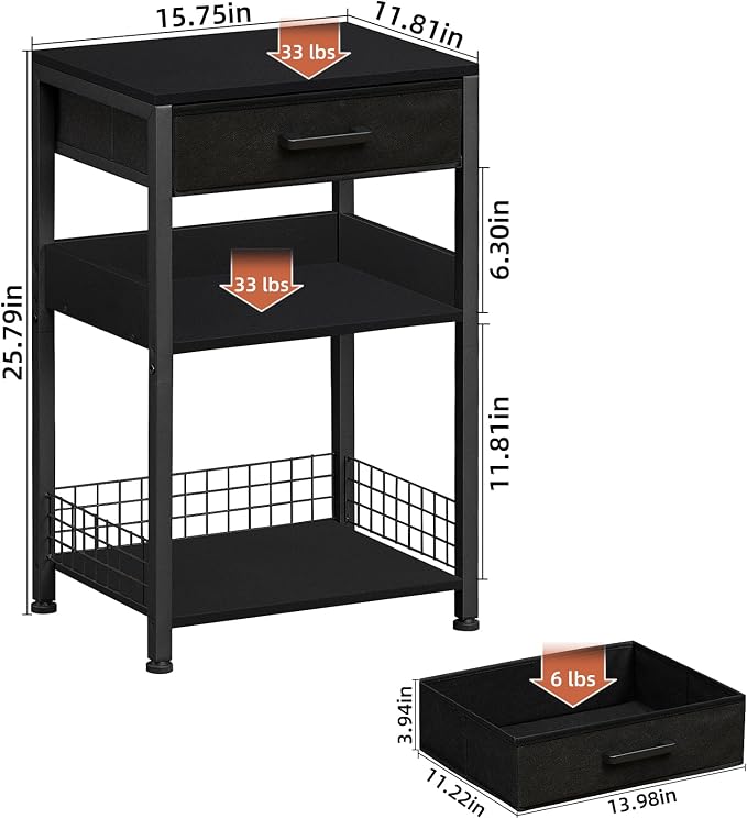 Lerliuo Pure Black Printer Table with Fabric Drawer,3 Tier Industrial Wood Printer Stand with Storage Shelf,Modern Tall End Table,Nightstand,Bed Side Tables for Scanner Fax Home Office Small Spaces
