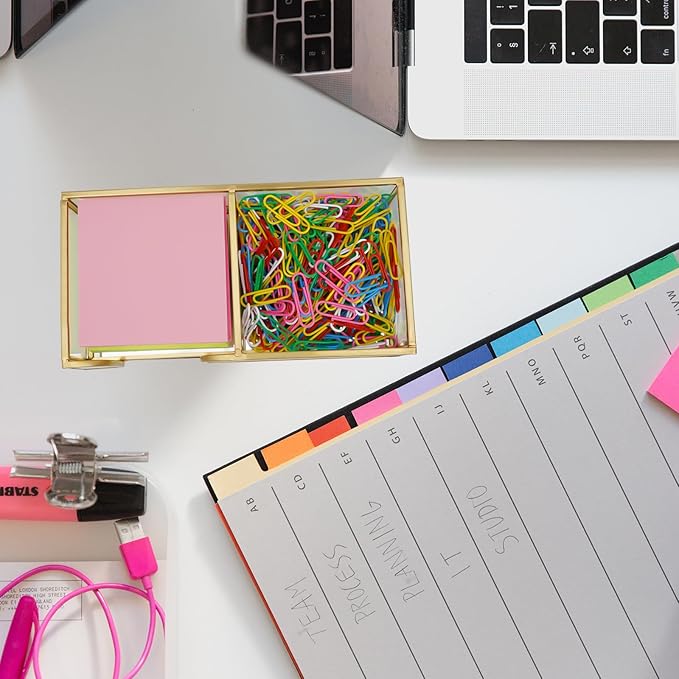 Glass Sticky Note Holder,2 Slots Gold Post It Note Dispenser for Desk,3 x 3 Inch Post It Note Holder, Stylish Sticky Note Dispenser for Home Office Desk Table Drawer