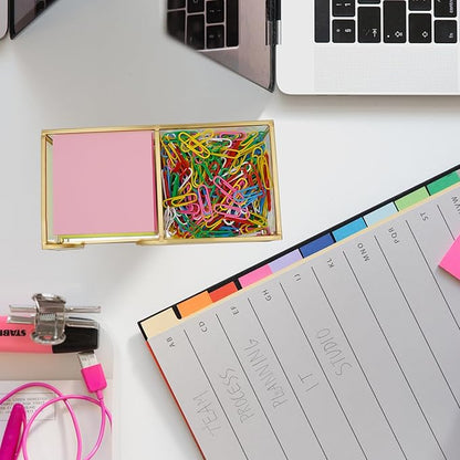 Glass Sticky Note Holder,2 Slots Gold Post It Note Dispenser for Desk,3 x 3 Inch Post It Note Holder, Stylish Sticky Note Dispenser for Home Office Desk Table Drawer