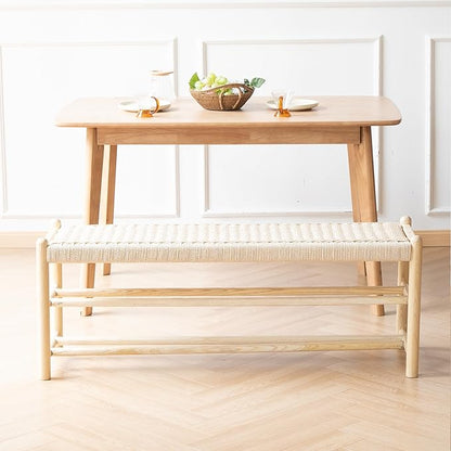 Solid Wood Entryway Bench with Shoe Storage, Rustic Oak Wood and Woven Design 45 Inch Long Seating for Living and Dining Rooms, 3-Tier Nature