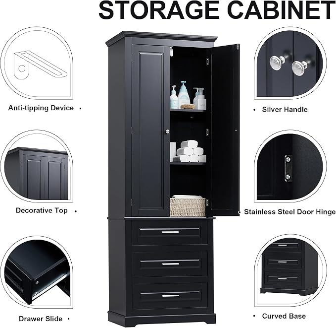 Polibi Tall Storage Cabinet with 3 Drawers, 3-Tier Adjustable Shelves & 2 Doors, Floor Freestanding Linen Cabinet for Bathroom, Living Room (Black)