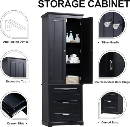 Storage Cabinet, Tall Bathroom Cabinet with Adjustable Shelf | Tall storage cabinet, upper enclosed cabinet and 3 pull-out compartments keep daily essentials organized