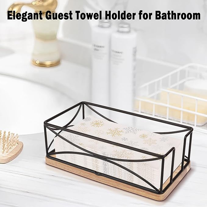 Livabber Guest Napkin Holder, Metal Bathroom Paper Hand Towel Storage Modern Napkin Tray Caddy for Countertop, Table Kitchen, Dinning Room (Black, Wooden Base)