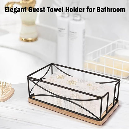 Livabber Guest Napkin Holder, Metal Bathroom Paper Hand Towel Storage Modern Napkin Tray Caddy for Countertop, Table Kitchen, Dinning Room (Black, Wooden Base)
