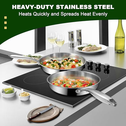EWFEN 12 Inch Tri-Ply Stainless Steel Frying Pan, Compatible with All Cooktops Up to 600℉, Large Frying Pan with lids, Induction-Ready Skillet, Dishwasher and Oven Safe, Even Heat, 12" Skillet + Lid