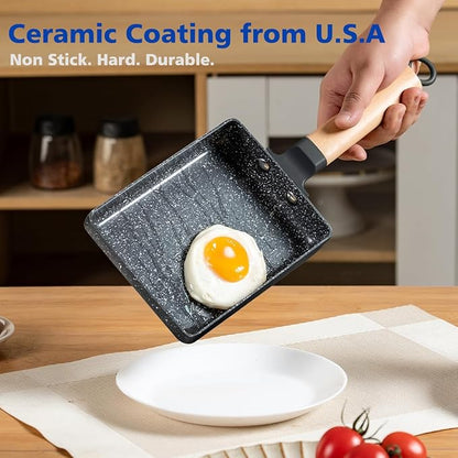 Ceramic Coating Square Japanese Tamagoyaki Omelette Small Skillet, Non-stick Rectangle Egg Roll Pan with Wood Handle (Dark Grey)
