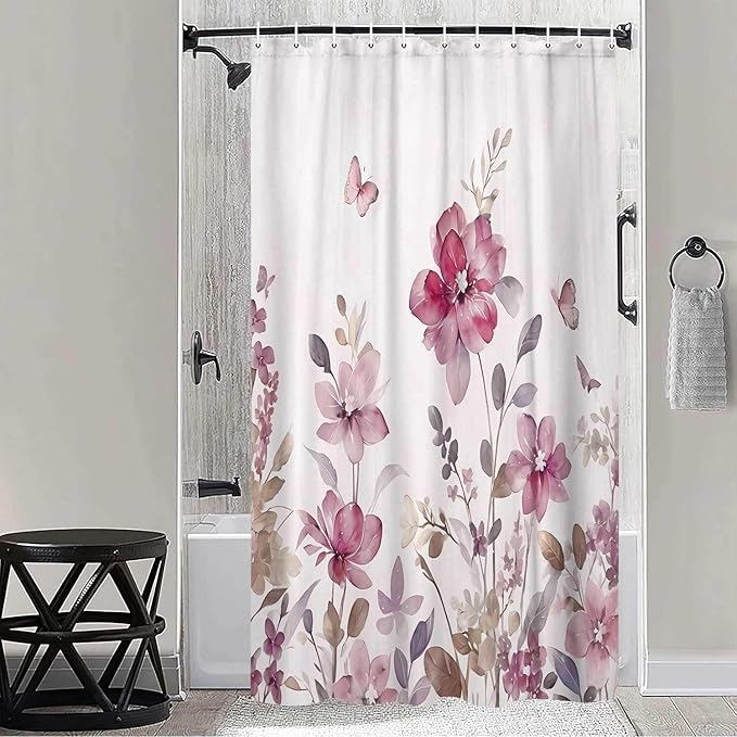 Lavender Pink Floral Shower Curtain, Lavender Pink Floral Butterfly Boho Shower Curtains for Bathroom, Farmhous Flower Cute Fabric Shower Curtain Set with 12PCS Hooks, 36X70IN